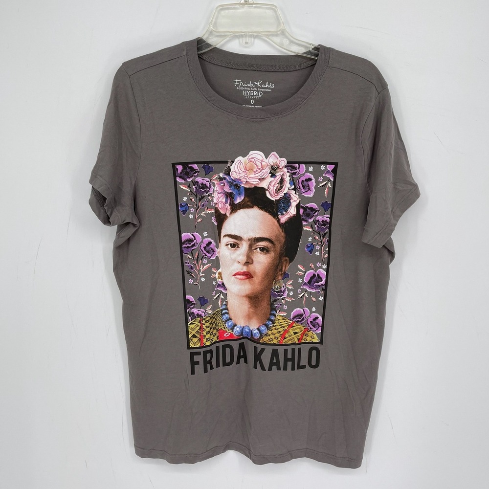 Frida Kahlo Women's Gray Floral Portrait Graphic Short Sleeve Tee T-Shirt Size 0